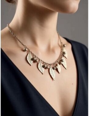 Gold Tone Multi Leaf & Brown Bead Dangle Choker Necklace 16" Statement Jewelry